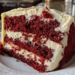 Close-up of a decadent slice of red velvet cake featuring three layers of vibrant red cake separated by thick white cream cheese frosting.