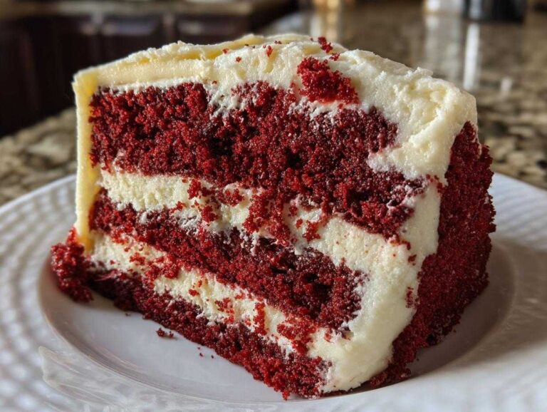 Close-up of a decadent slice of red velvet cake featuring three layers of vibrant red cake separated by thick white cream cheese frosting.