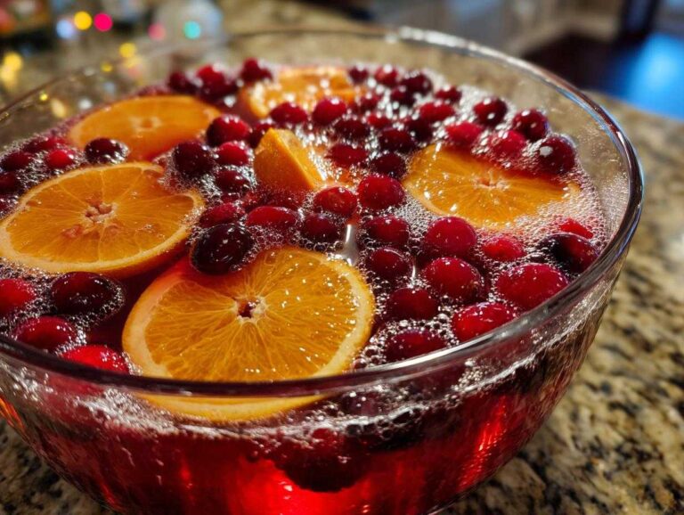 Close-up of a vibrant red champagne punch garnished with floating orange slices and whole cranberries.