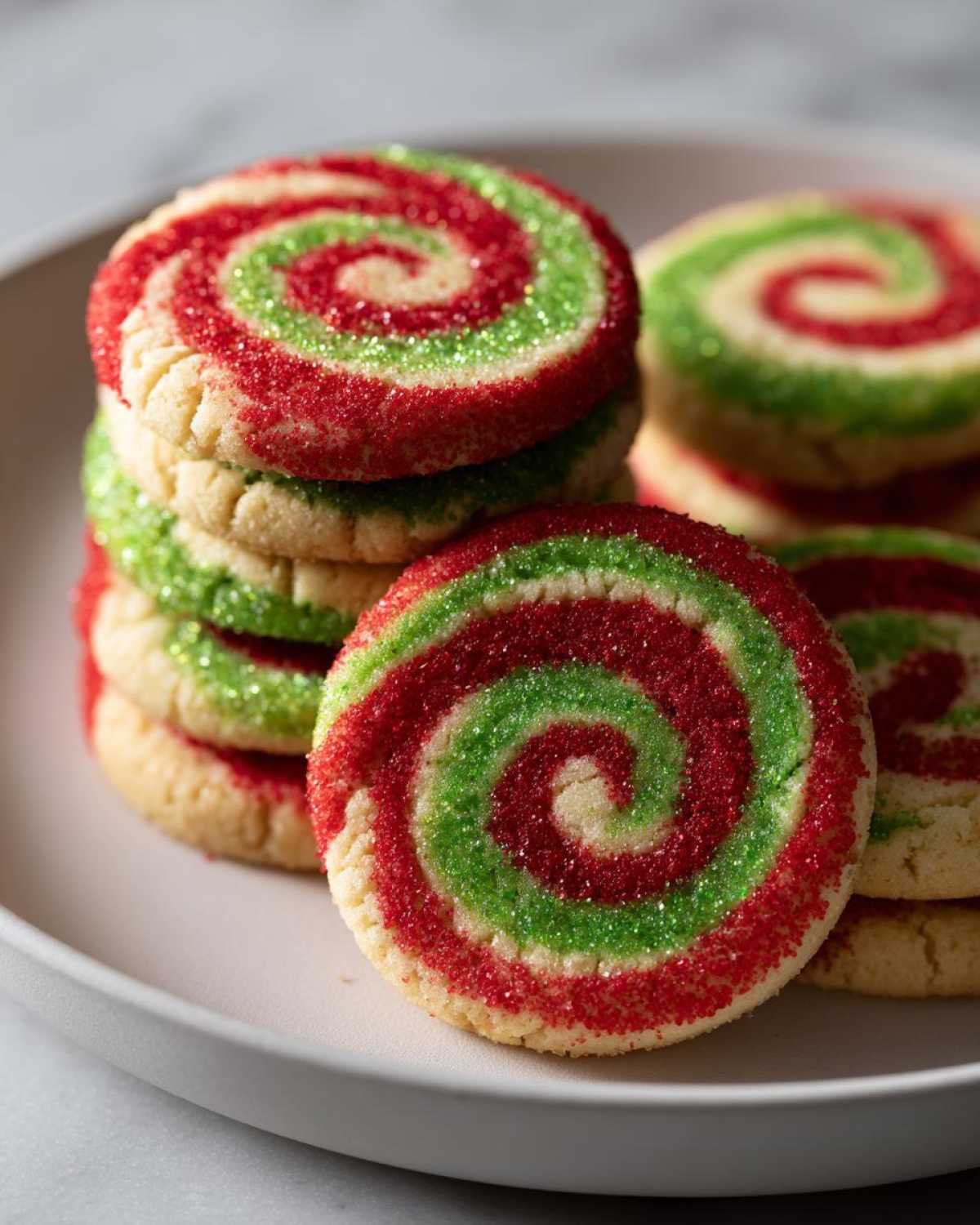 A stack of festive pinwheel cookies featuring a red and green sugar swirl pattern on a light plate.