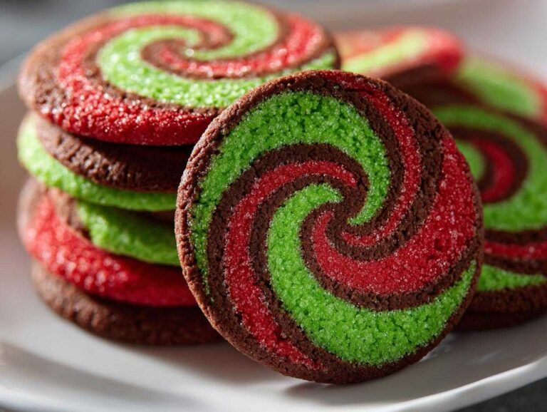 Close-up of colorful red, green, and chocolate pinwheel cookies stacked on a white plate.