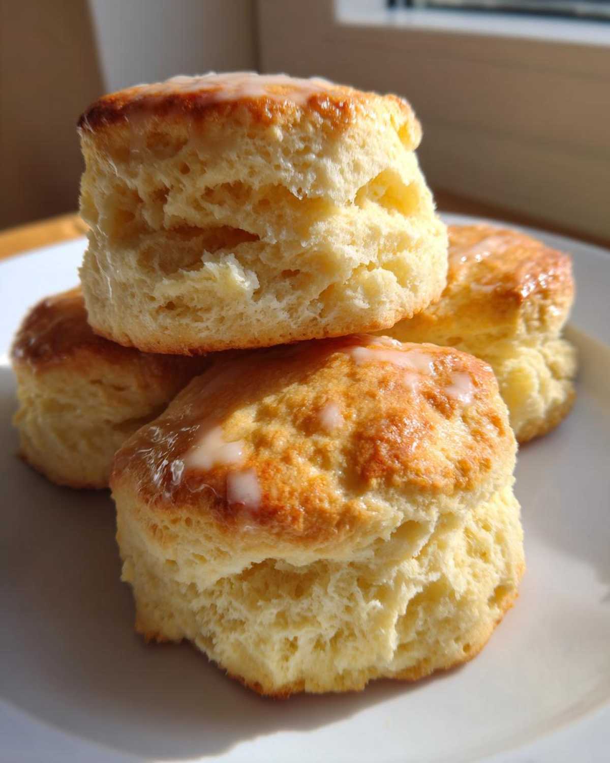Close-up of three flaky, golden-brown scones stacked on a white plate, topped with a light sugar glaze.
