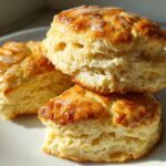 Three flaky, golden-brown scones stacked on a white plate, drizzled with a thin white glaze.