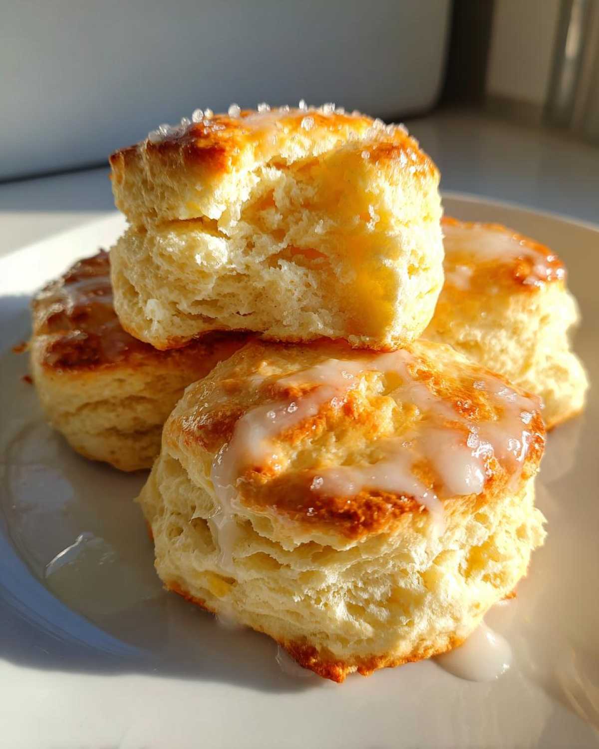 Close-up of three flaky, golden-brown scones stacked, drizzled with white icing and sprinkled with coarse sugar.