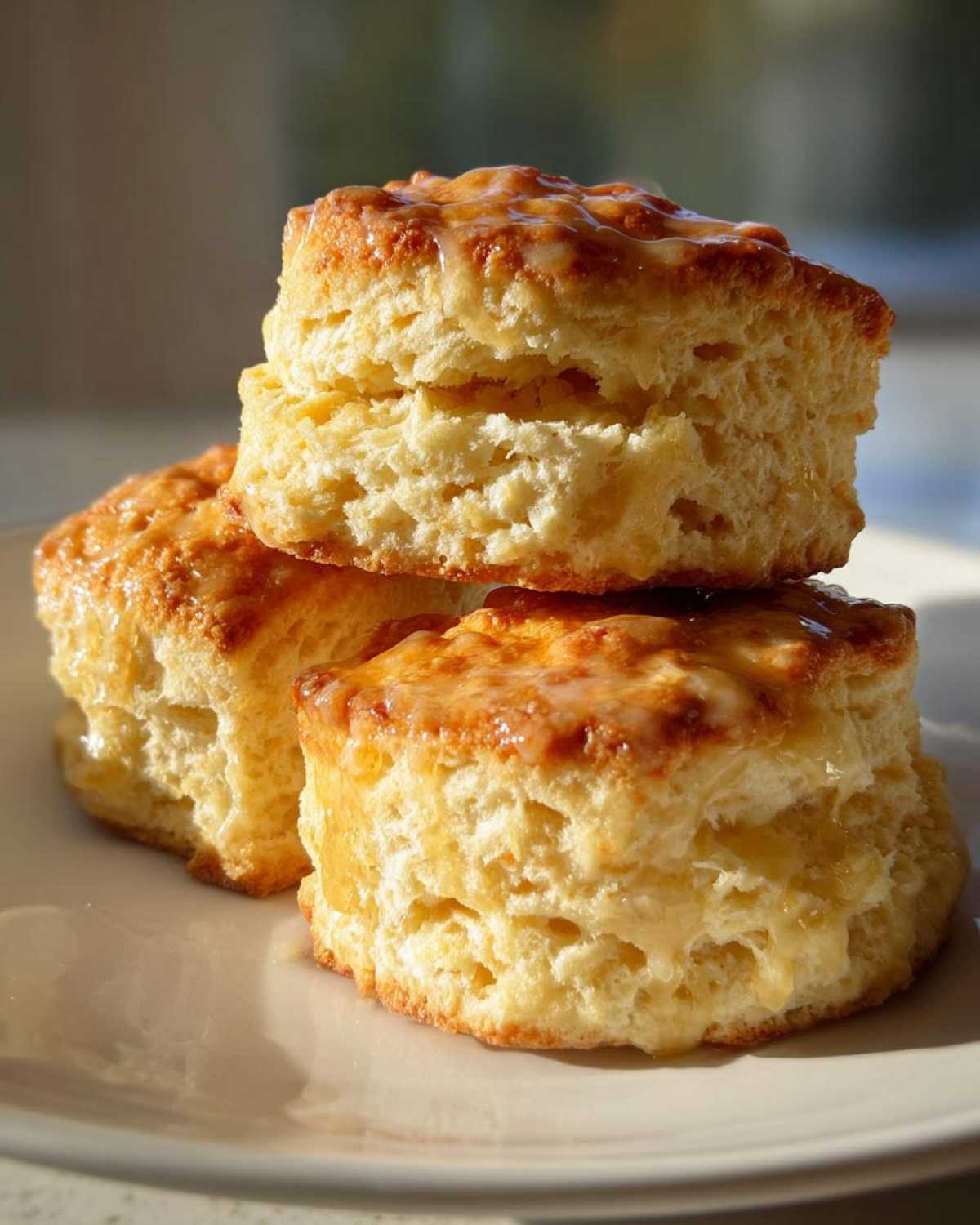 Three flaky, tall buttermilk scones stacked on a white plate, drizzled with a light glaze.
