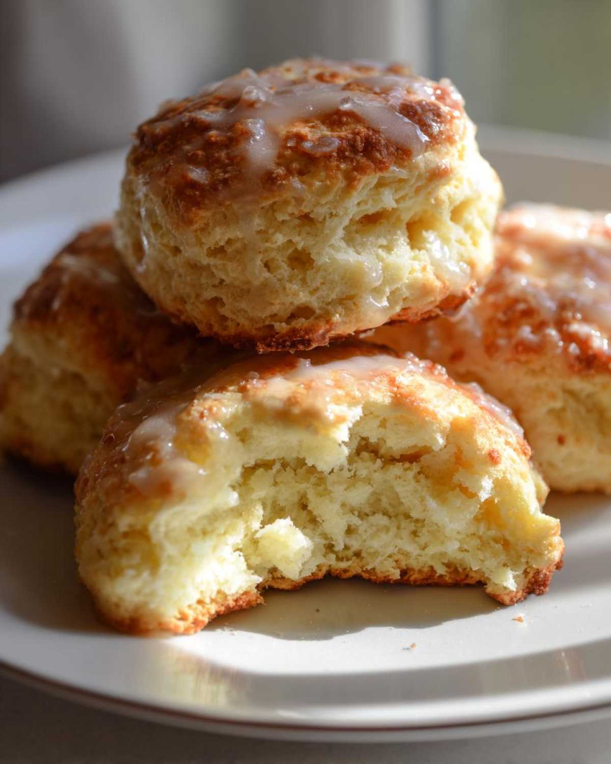 Close-up of flaky, buttery scones stacked on a plate, drizzled with a thin sugar glaze.