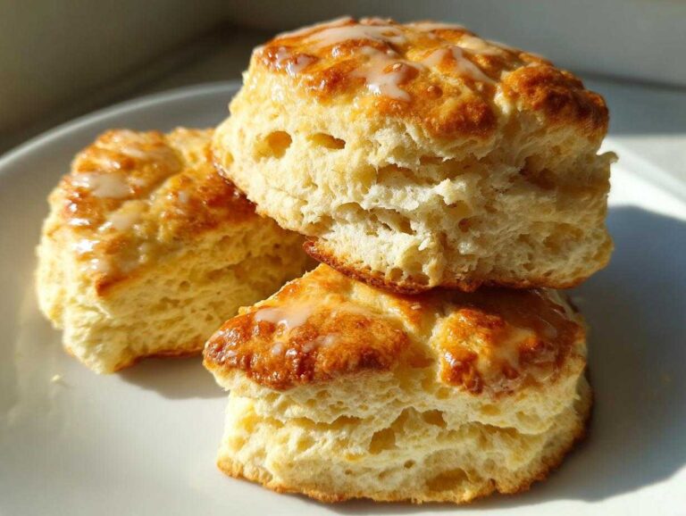 Three flaky, golden-brown scones stacked on a white plate, drizzled with a thin white glaze.