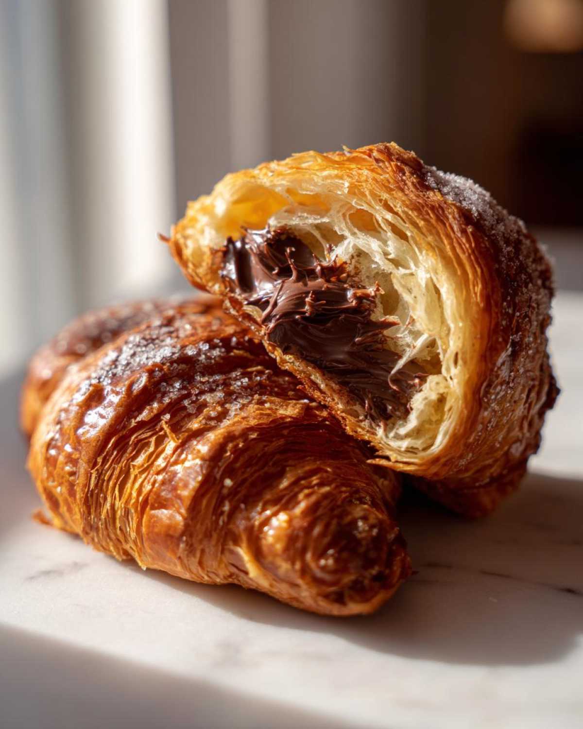 Close-up of a flaky, golden-brown chocolate croissant cut in half, revealing melted chocolate filling.