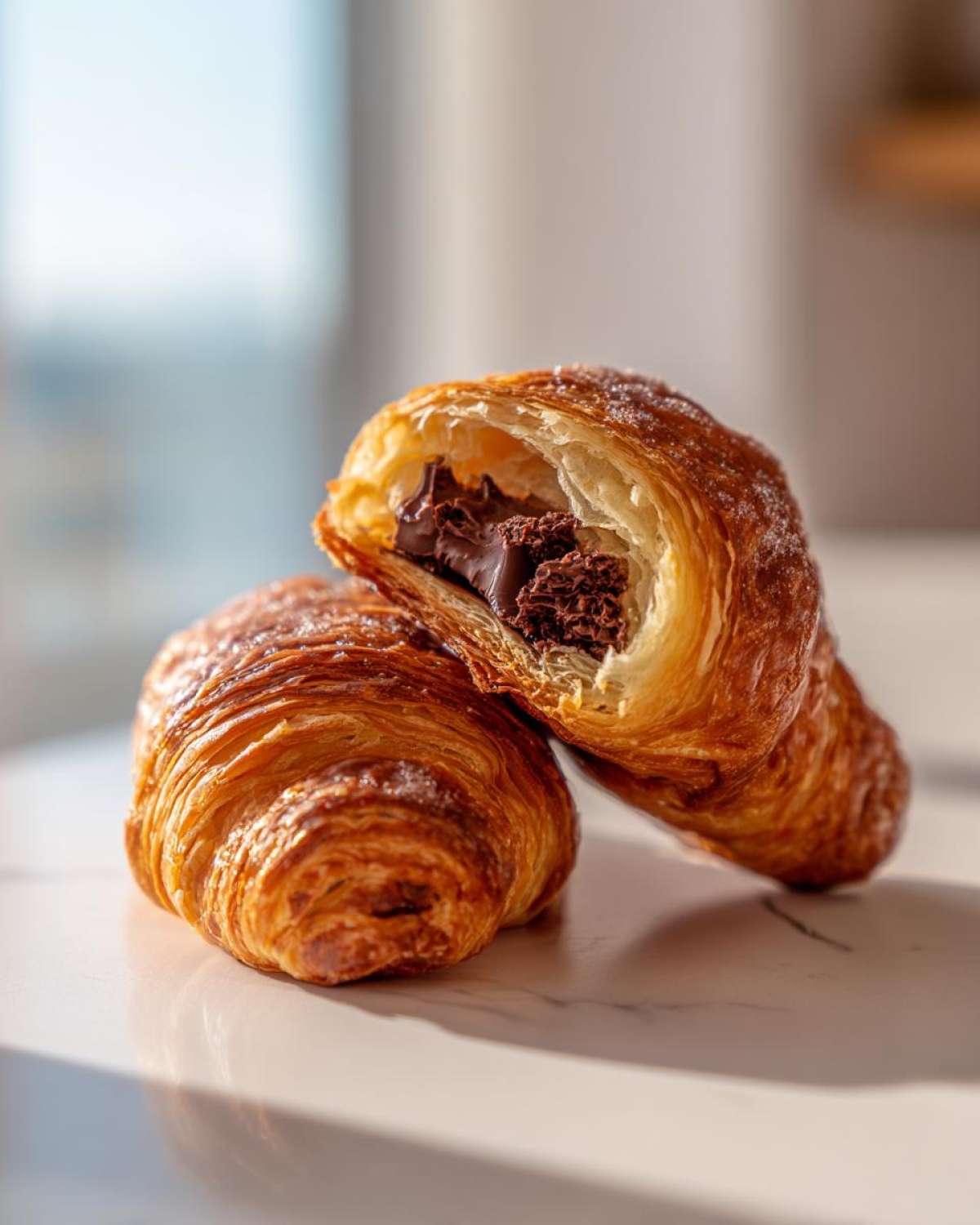 Two golden brown chocolate croissants, one cut open revealing melted chocolate filling.