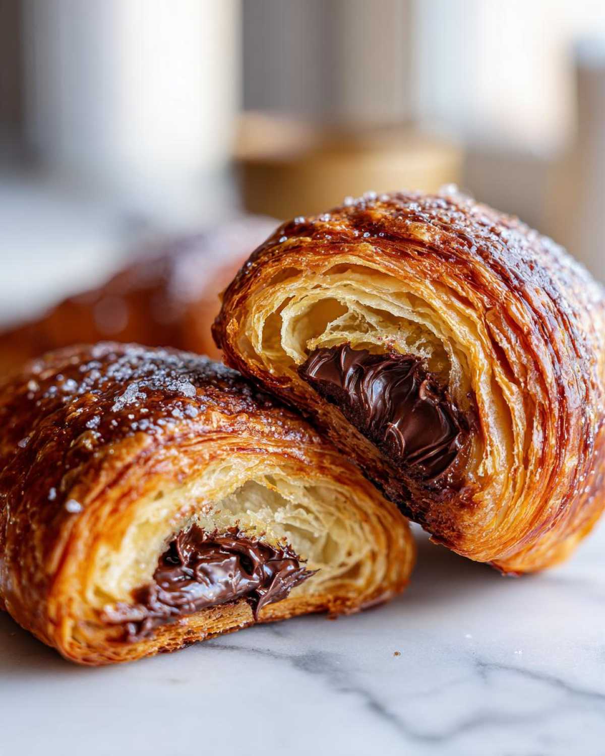 A flaky, golden-brown chocolate croissant cut in half, revealing gooey melted chocolate filling inside.