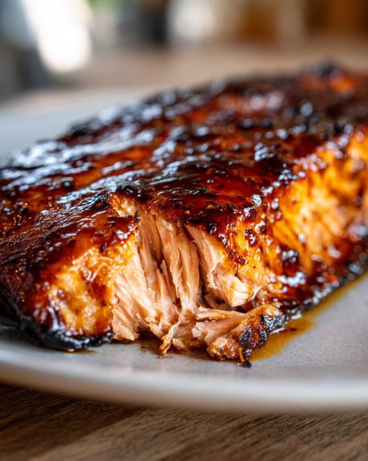 Close-up of a perfectly cooked, flaky salmon fillet with a rich, dark glaze.
