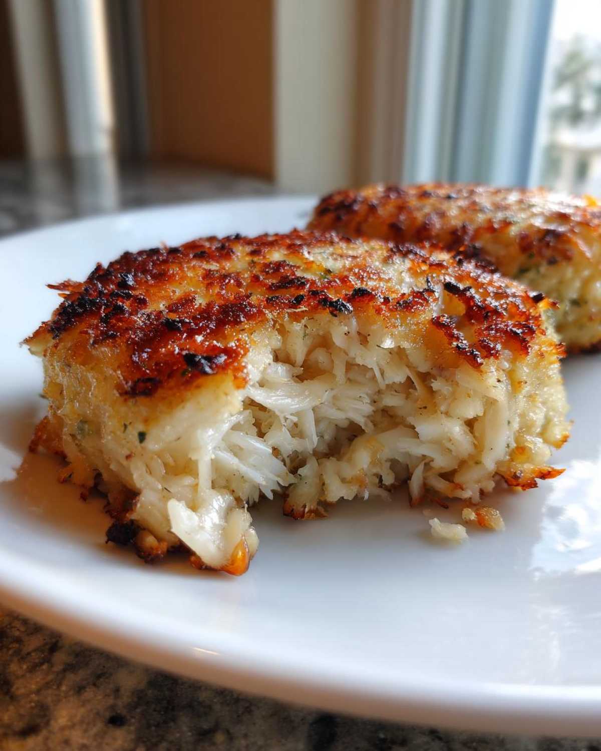 Close-up of a flaky, golden-brown Maryland crab cake with a bite taken out, showing the rich crab meat inside.