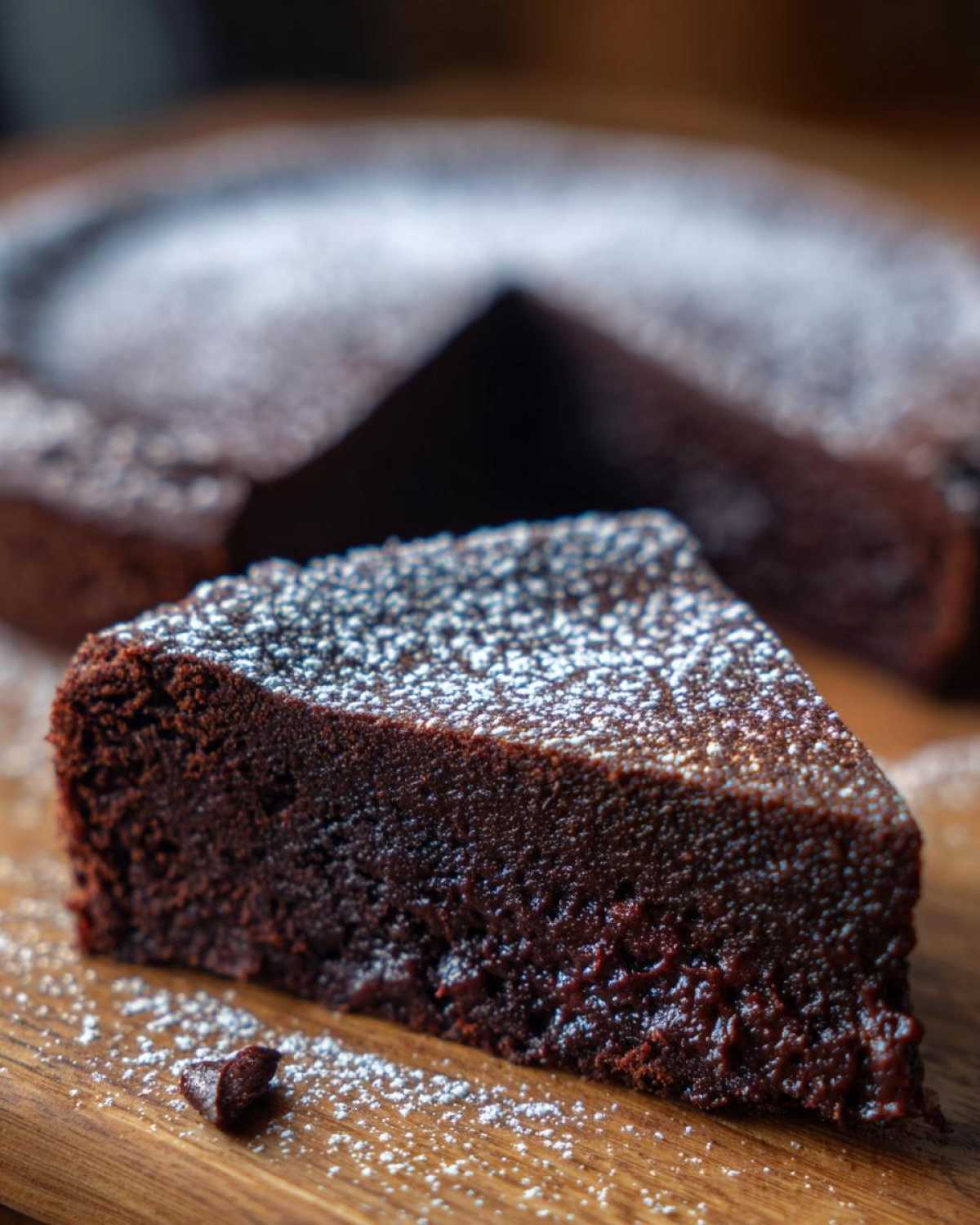 A close-up of a rich, dark slice of flourless chocolate torte dusted with powdered sugar on a wooden board.