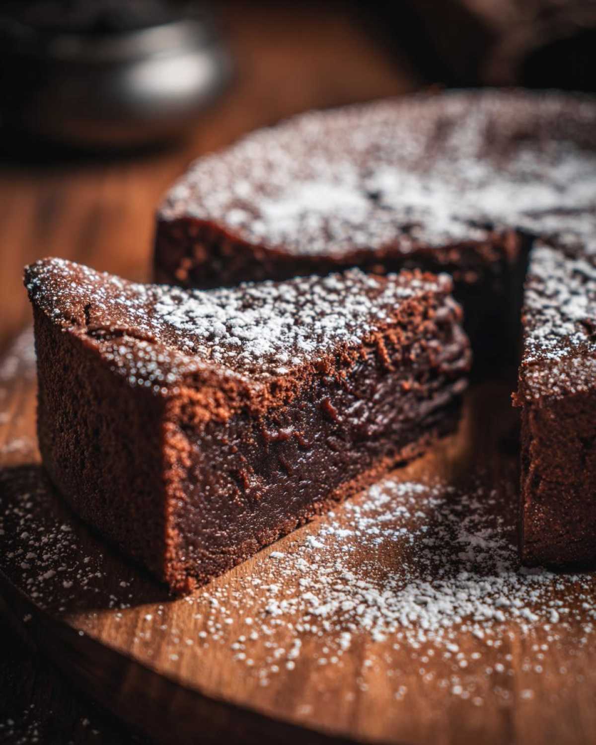 A close-up of a rich, dark slice of flourless chocolate torte dusted heavily with powdered sugar on a wooden board.