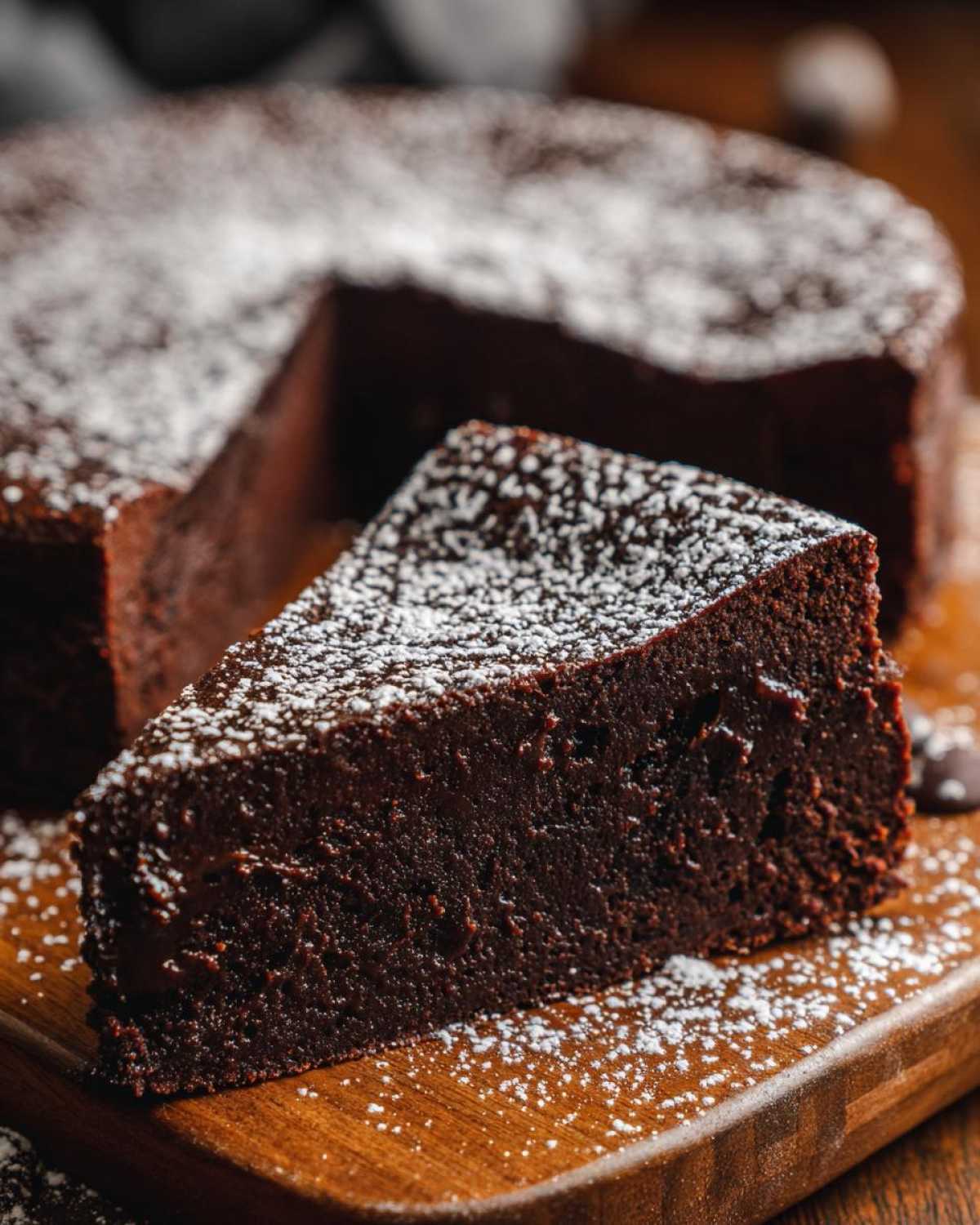 A close-up of a rich, dark slice of flourless chocolate torte dusted heavily with powdered sugar.