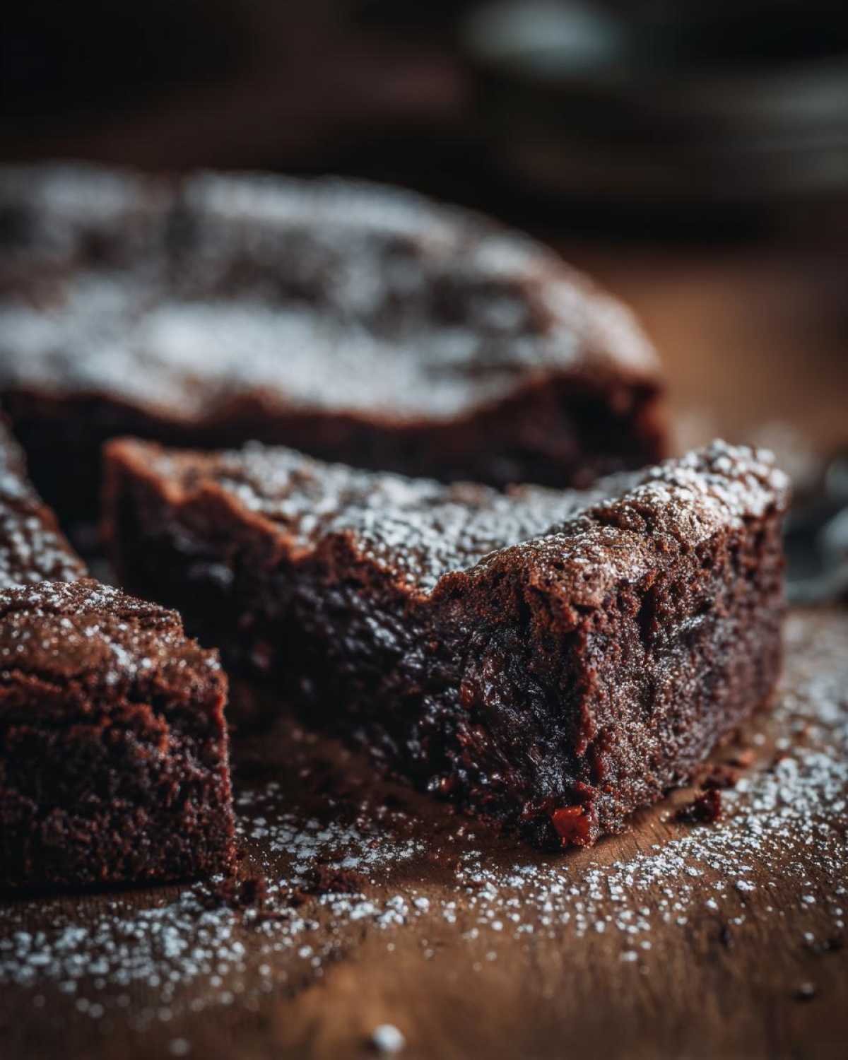 Close-up of rich, dark flourless chocolate torte slices dusted heavily with powdered sugar on a wooden surface.