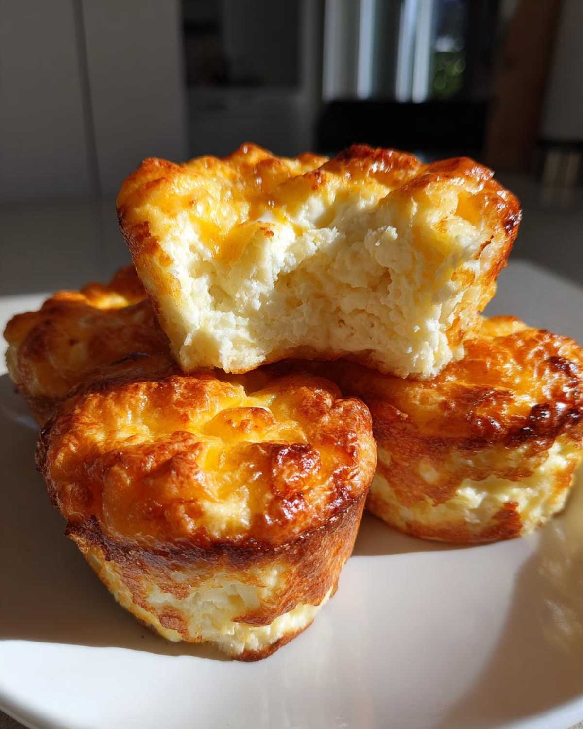 A stack of four golden brown, fluffy baked egg bites, with one broken open to show the airy interior.