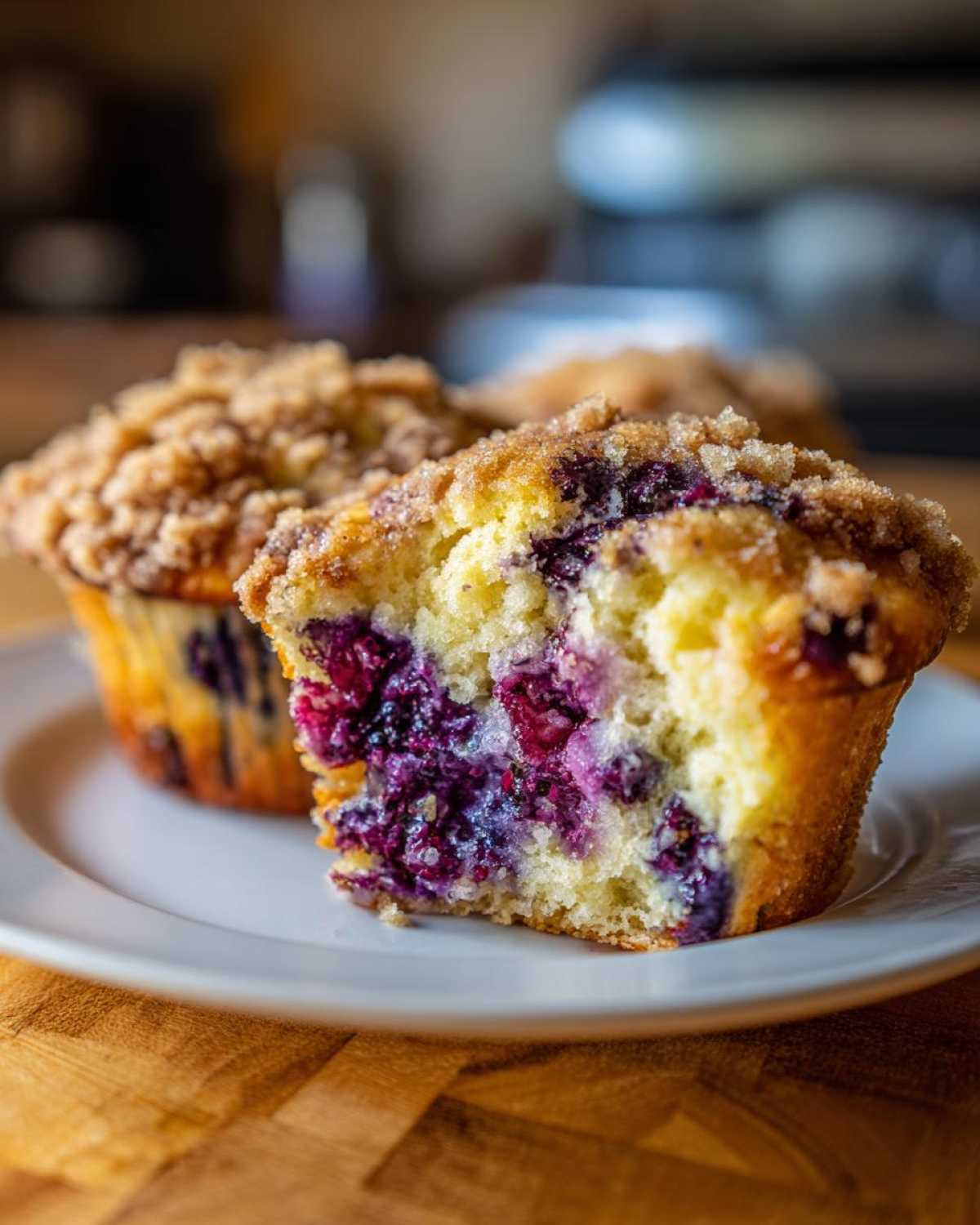 Close-up of a fluffy blueberry muffin cut in half showing moist interior packed with blueberries and a sugary streusel topping.