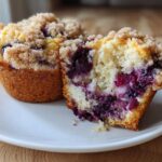 A fluffy blueberry muffin, cut in half to show the moist interior packed with juicy blueberries and a sweet crumb topping.