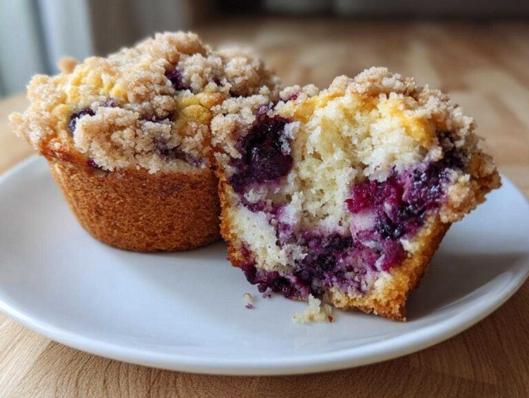 A fluffy blueberry muffin, cut in half to show the moist interior packed with juicy blueberries and a sweet crumb topping.