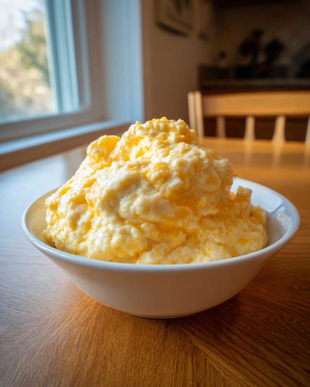 A generous serving of creamy, yellow cheese grits piled high in a white bowl on a wooden table.