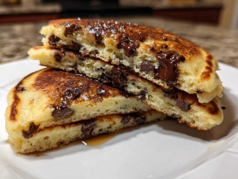 Close-up of fluffy chocolate chip pancakes cut in half, showing melted chocolate chips inside.