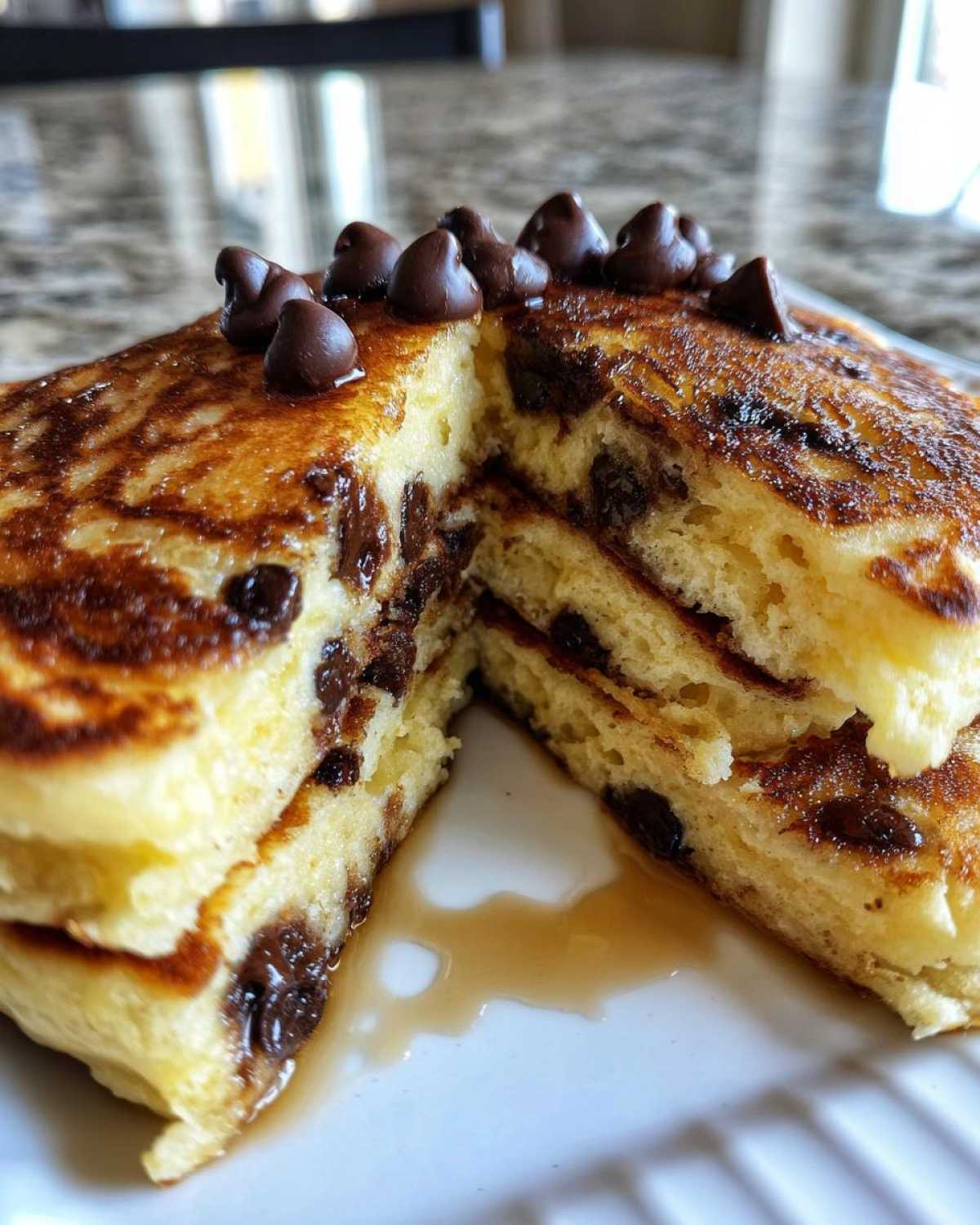 Close-up of fluffy chocolate chip pancakes cut to show melted chocolate chips inside and topped with whole chips.