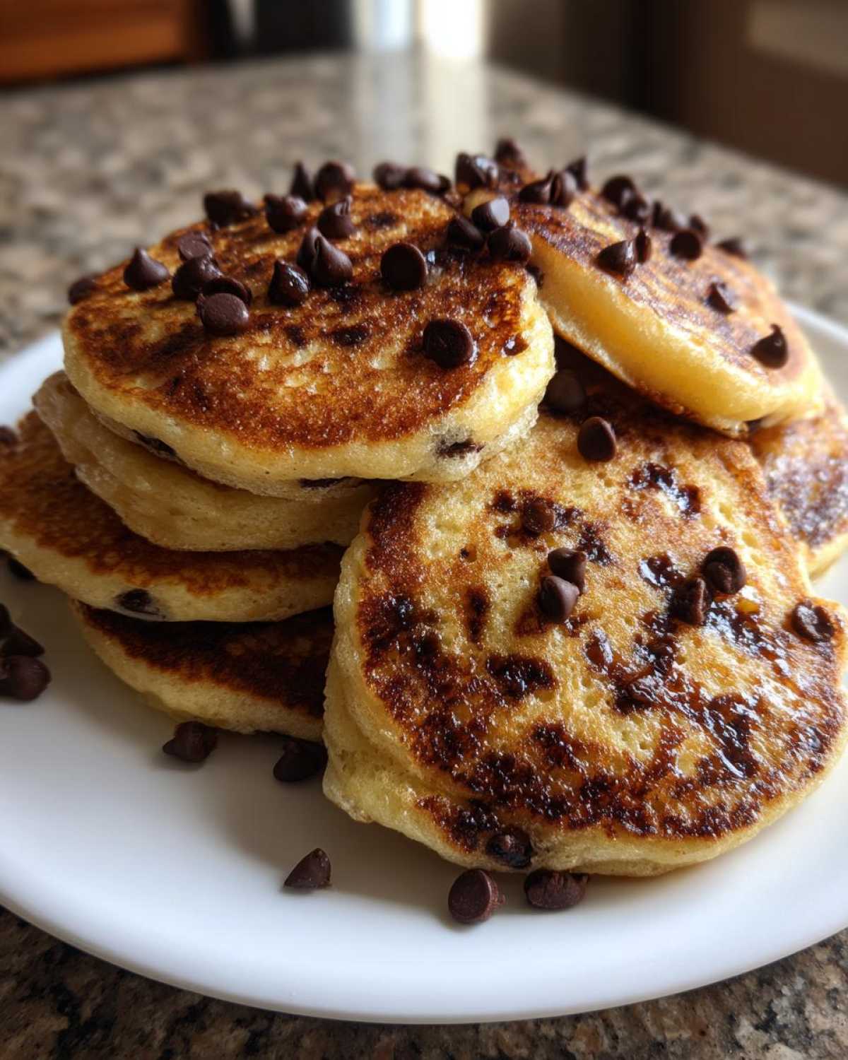 A close-up of a stack of golden brown chocolate chip pancakes topped with melted chocolate chips.
