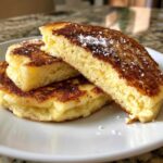 Close-up of three fluffy coconut flour pancakes stacked, with one cut in half to show the texture, dusted with powdered sugar.