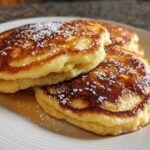 A stack of three golden-brown coconut flour pancakes dusted with powdered sugar and drizzled with syrup.