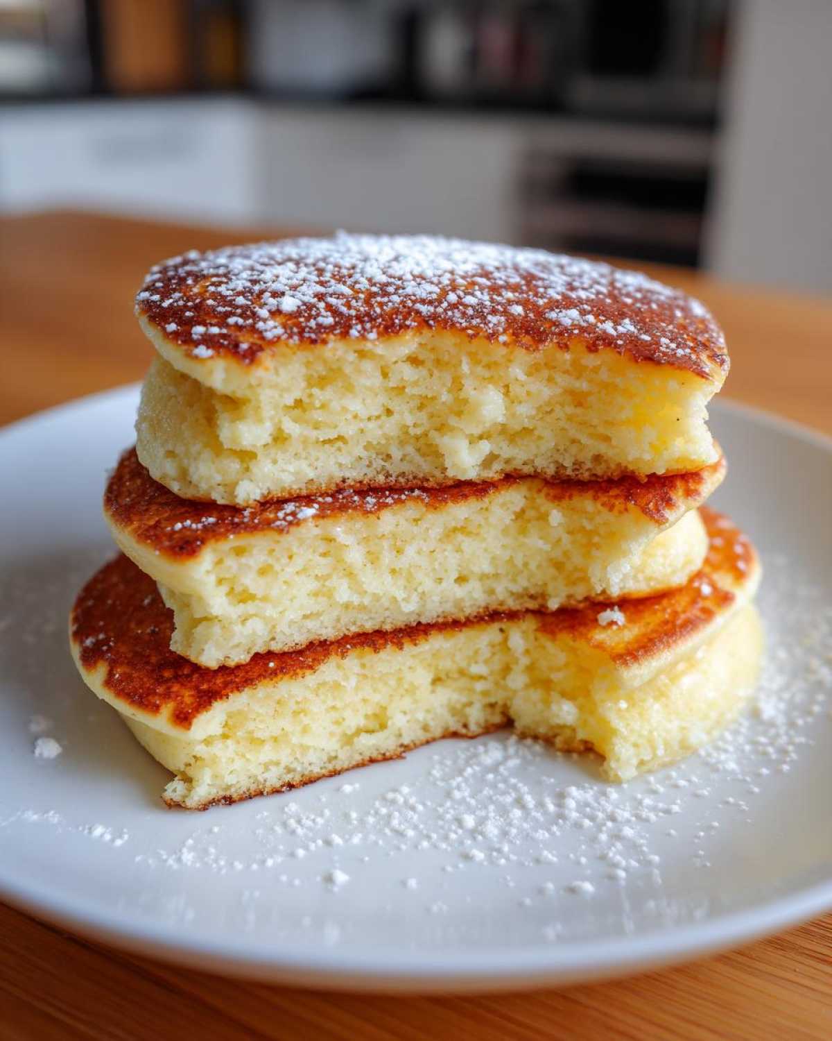 Close-up of a stack of three fluffy coconut flour pancakes, cut open to show the texture, dusted with powdered sugar.