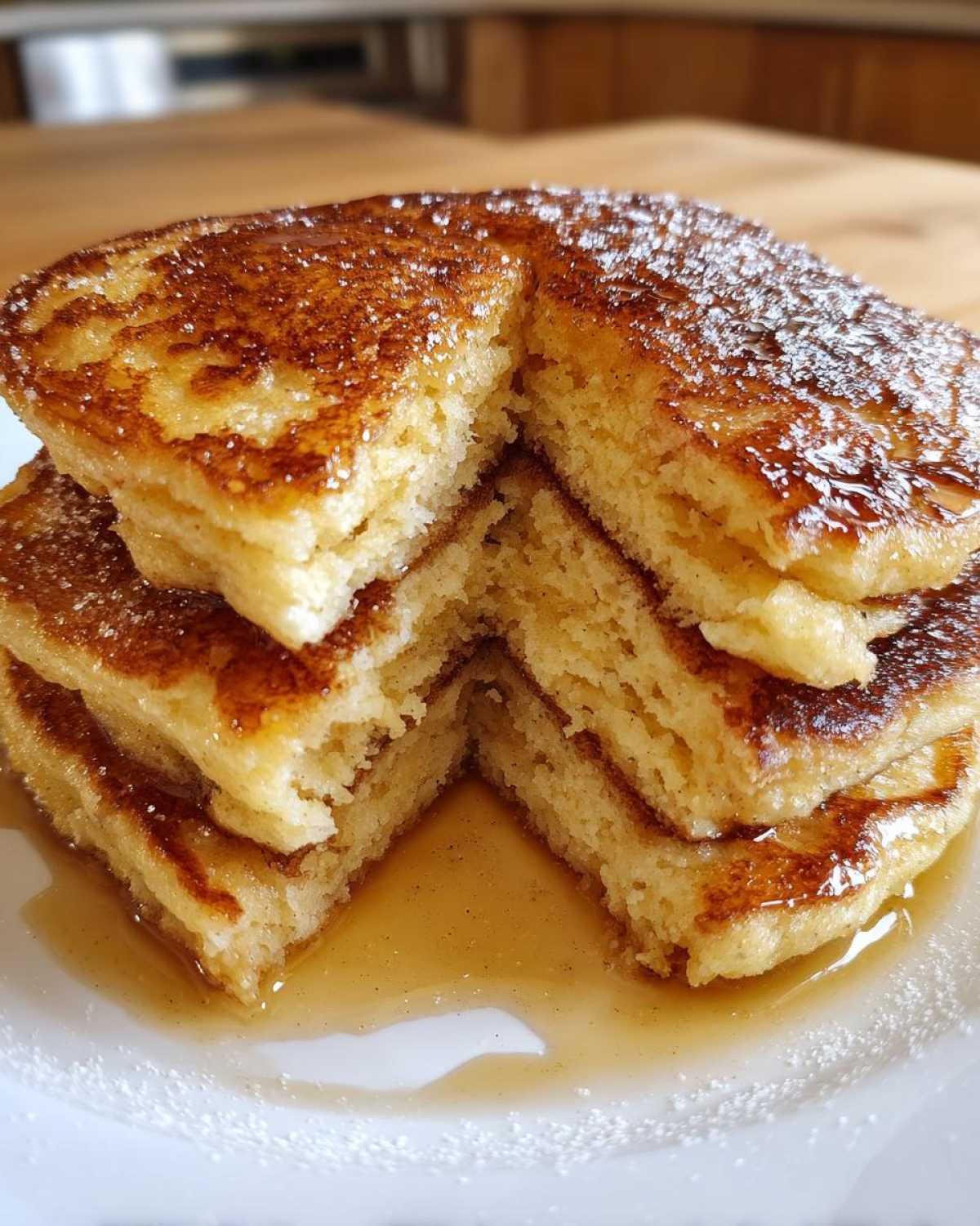 A close-up of a stack of thick, fluffy coconut flour pancakes drizzled with syrup and dusted with powdered sugar.