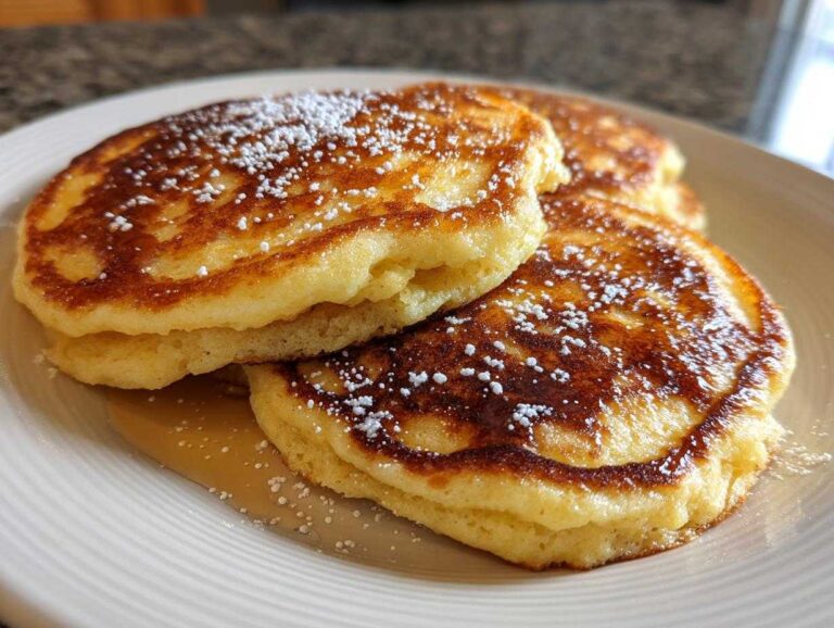 A stack of three golden-brown coconut flour pancakes dusted with powdered sugar and drizzled with syrup.