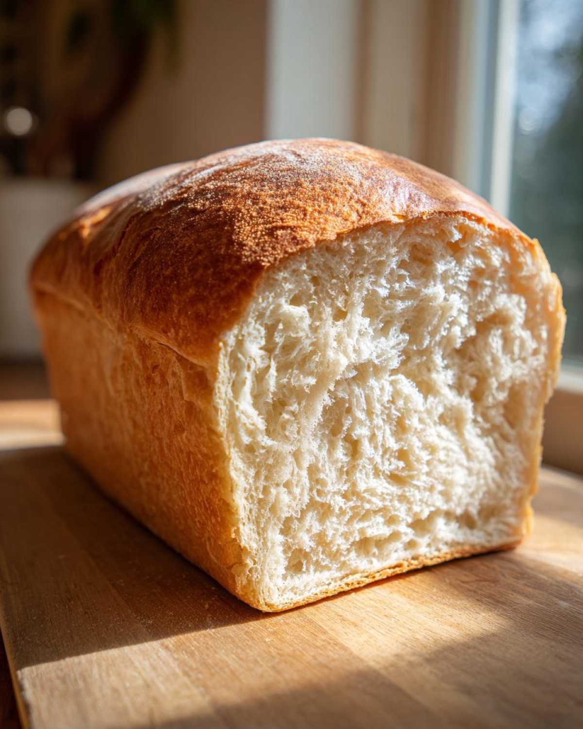 Close-up of a freshly baked loaf of condensed milk bread, showing the soft, white, fluffy interior texture.