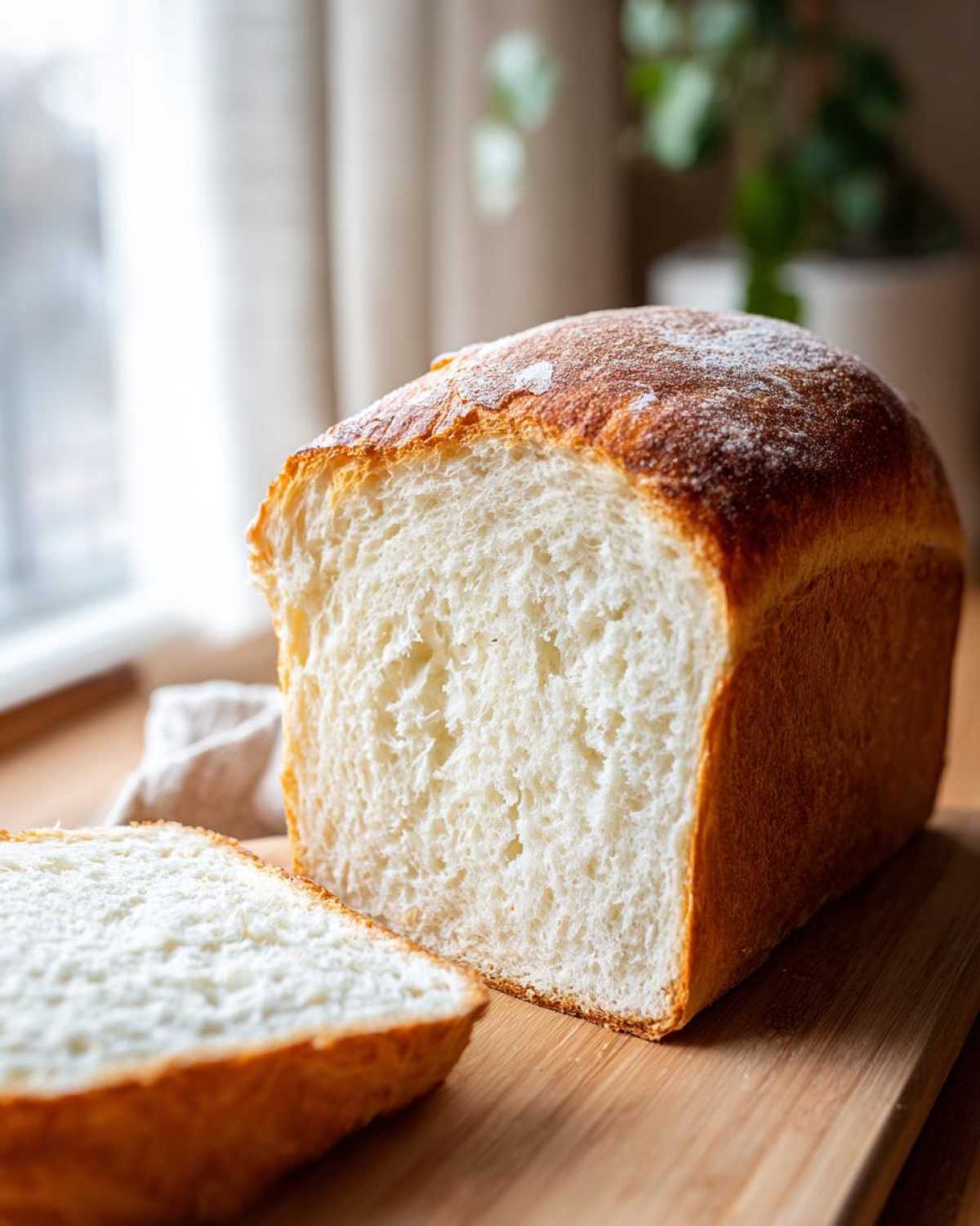 A partially sliced loaf of fluffy, white condensed milk bread showing its soft interior crumb on a wooden board.