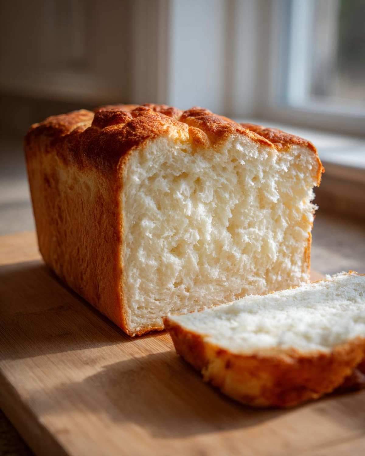 A loaf of freshly baked condensed milk bread, sliced open to show its soft, white, fluffy interior.