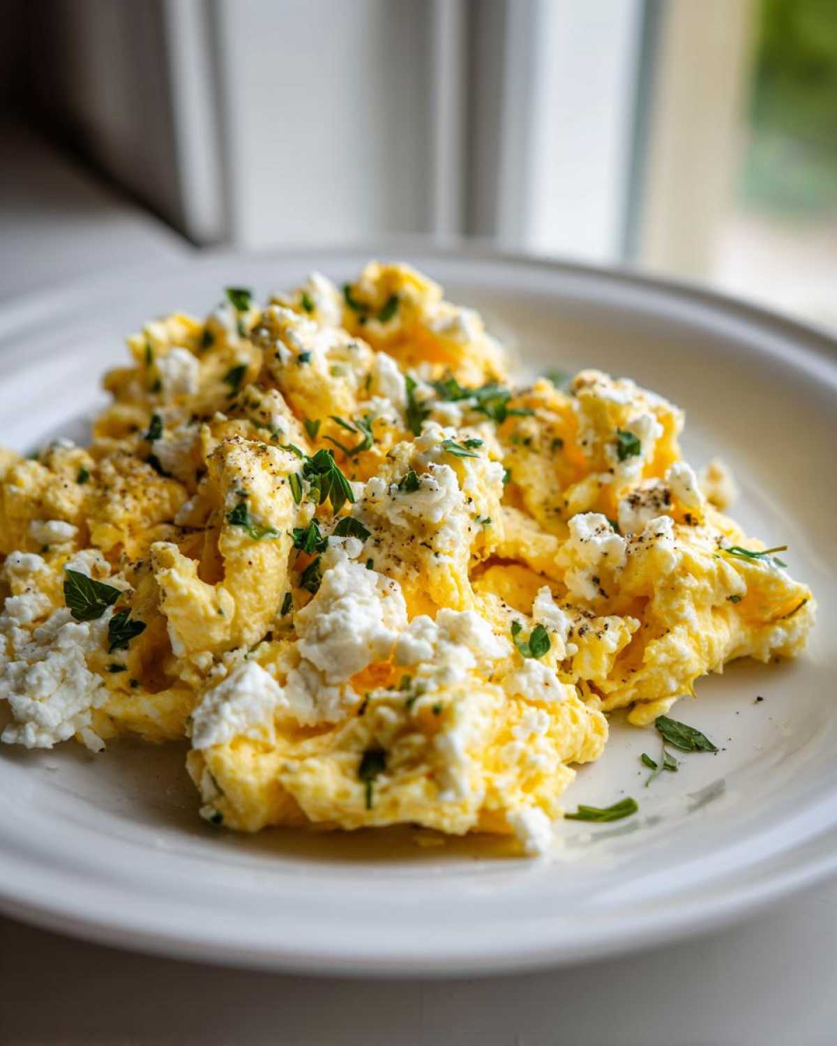 Close-up of fluffy scrambled egg topped with cottage cheese, black pepper, and fresh herbs.