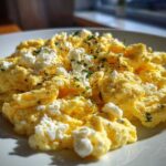 Close-up of fluffy, creamy scrambled egg topped with crumbled white cheese and fresh herbs.