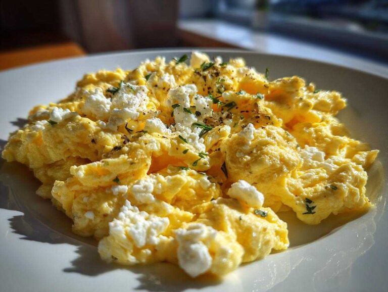Close-up of fluffy, creamy scrambled egg topped with crumbled white cheese and fresh herbs.