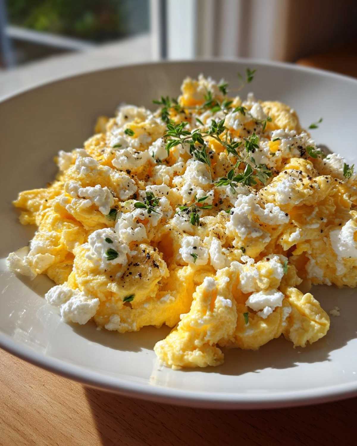 Close-up of fluffy scrambled egg topped with crumbled feta cheese, black pepper, and fresh thyme sprigs.