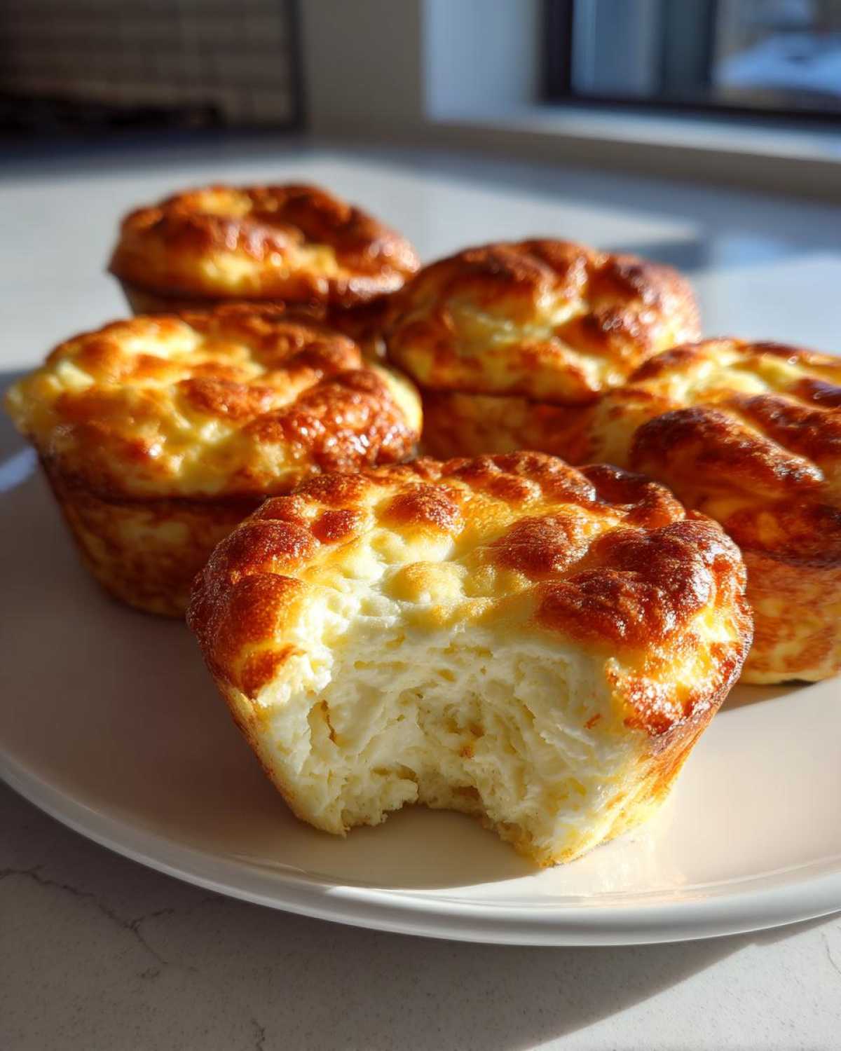 Close-up of fluffy, golden-brown egg bites on a white plate, one has a bite taken out showing the airy interior.