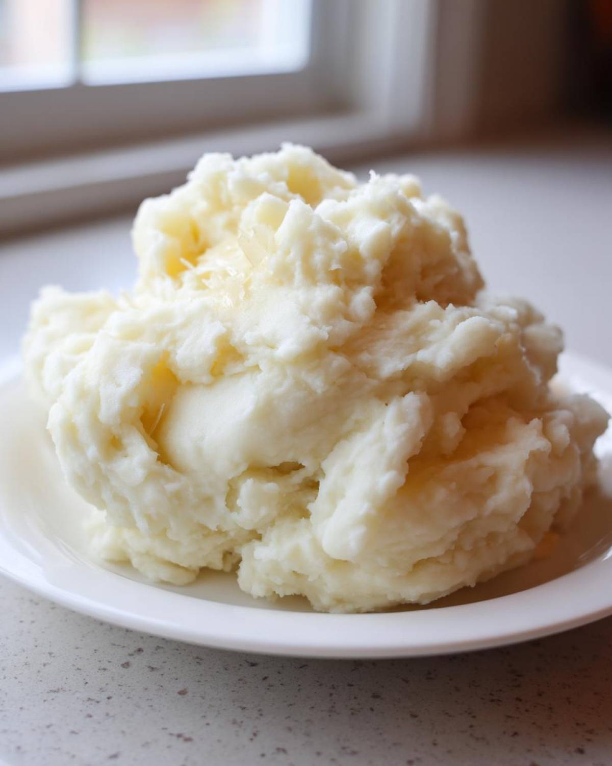 A generous serving of fluffy garlic mashed potatoes topped with melted butter on a white plate.