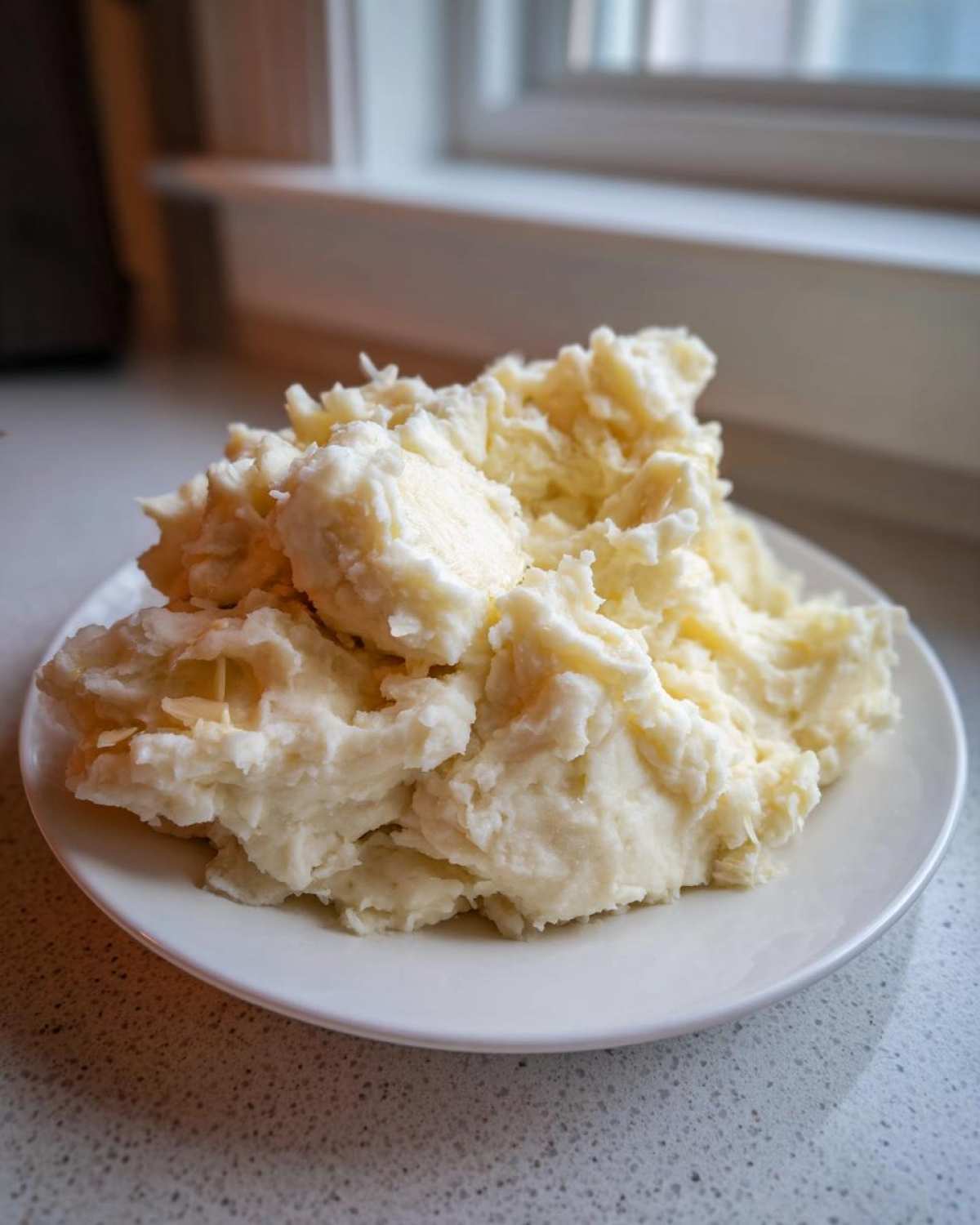 A generous serving of fluffy garlic mashed potatoes piled high on a white plate near a window.