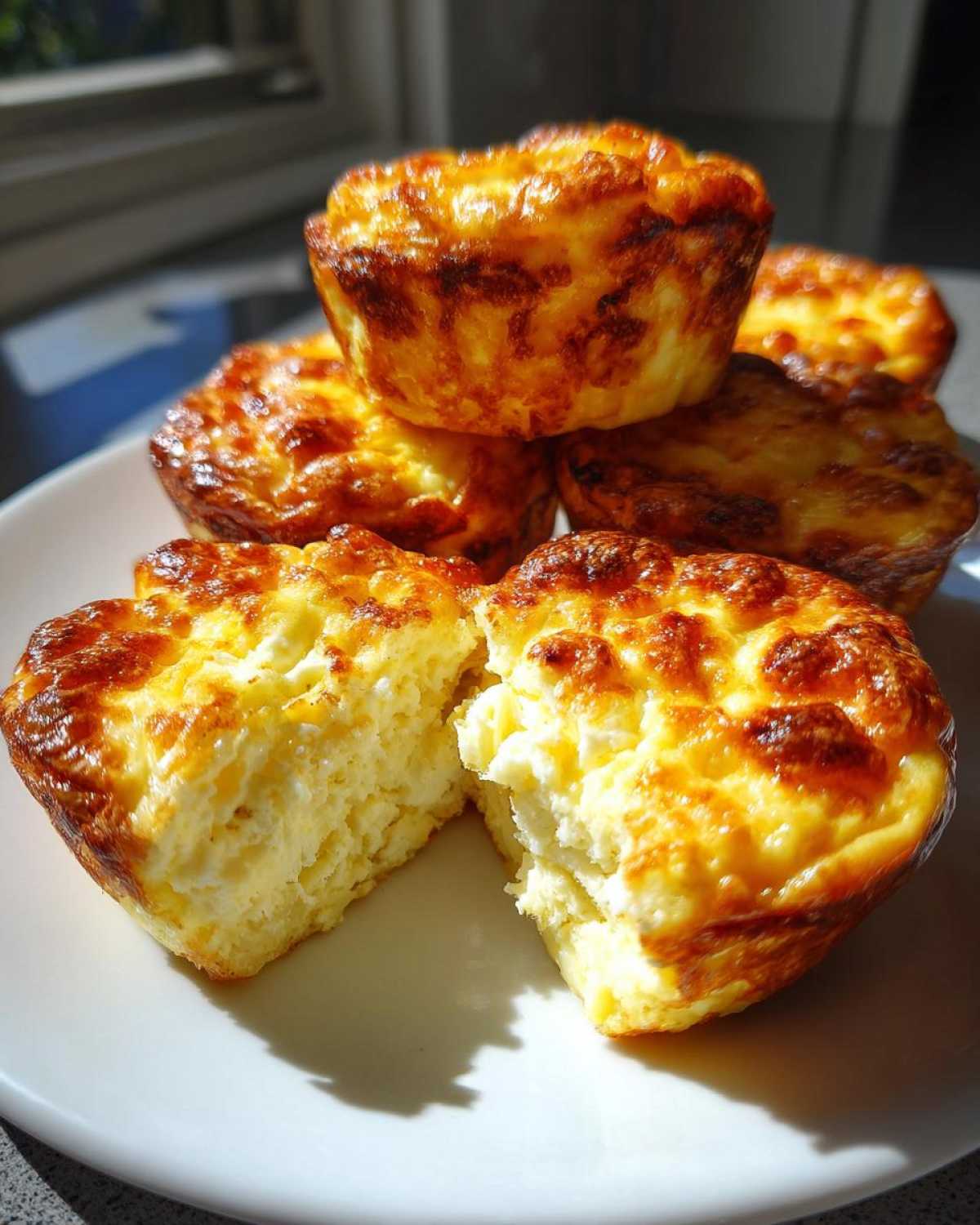 Close-up of fluffy, golden brown baked egg bites on a white plate, one cut open to show the texture.