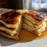 A tall stack of fluffy greek yogurt pancakes, cut open to show the texture, topped with melting butter and syrup.