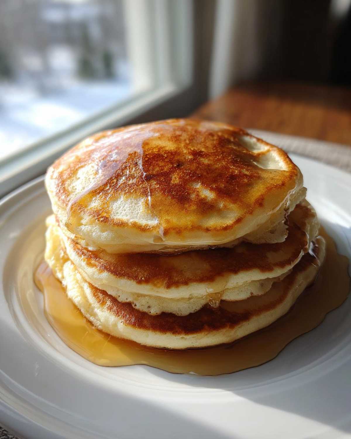 A tall stack of three fluffy greek yogurt pancakes drizzled generously with golden syrup.