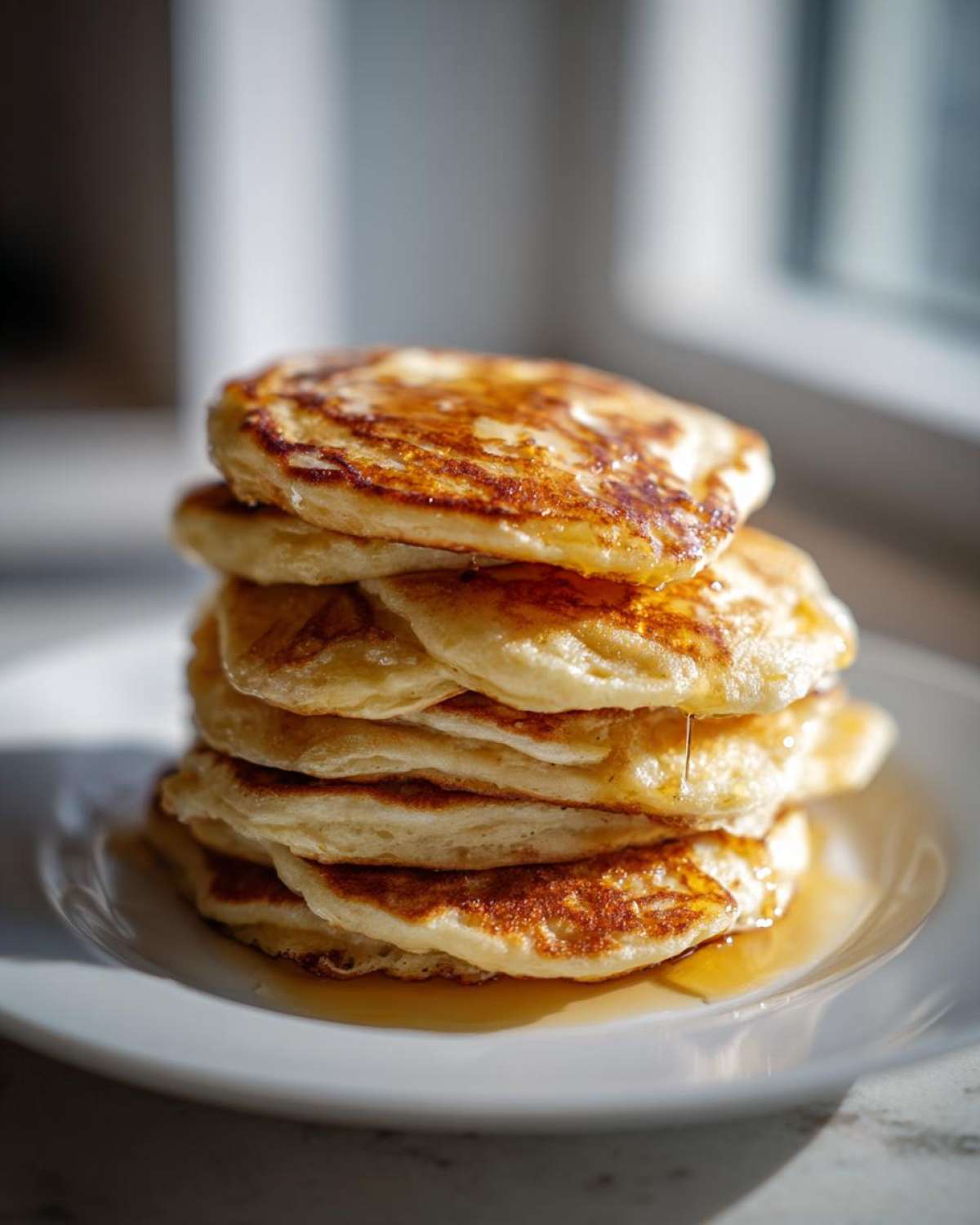 A tall stack of fluffy greek yogurt pancakes drizzled with golden syrup on a white plate.