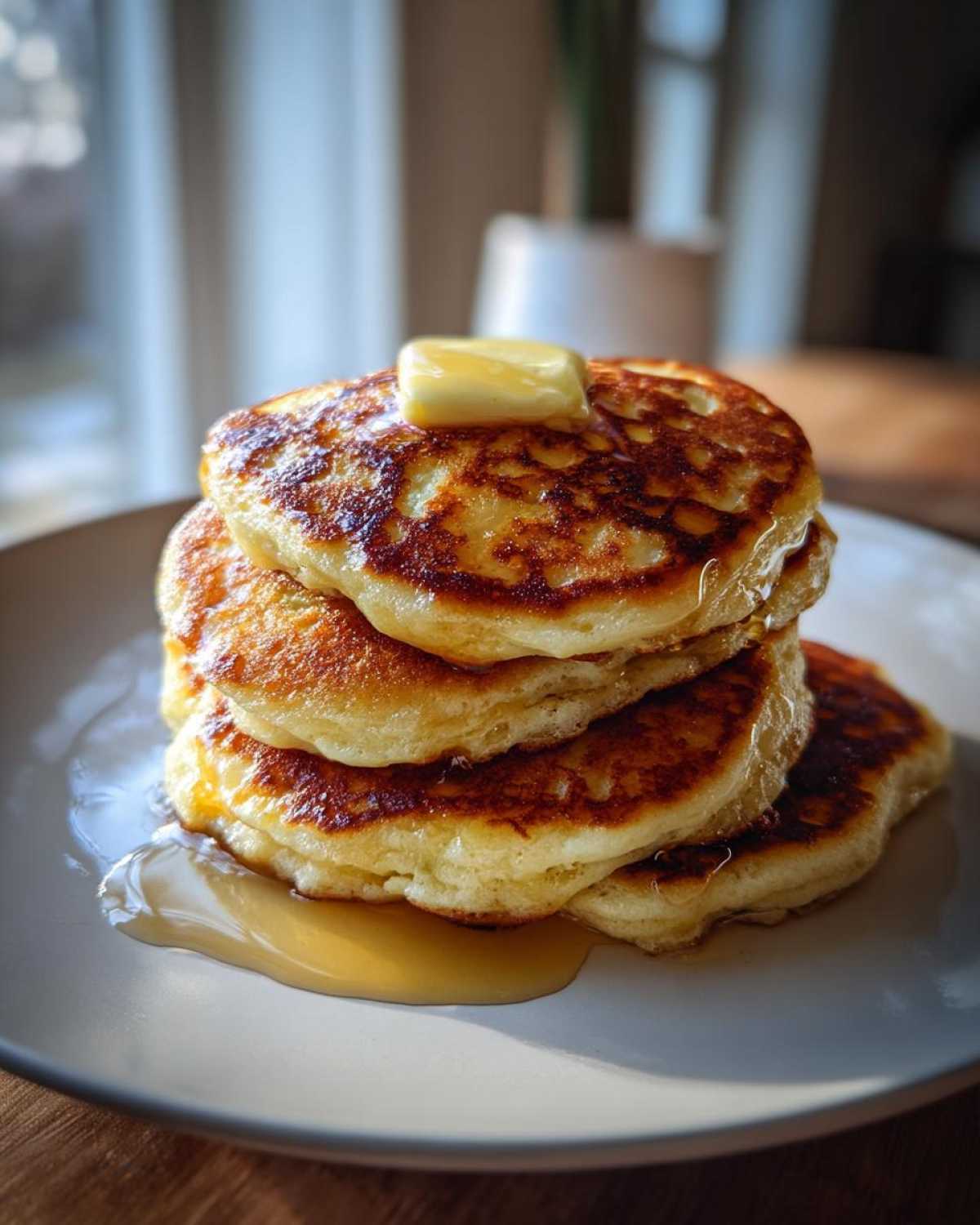 A tall stack of four perfectly golden greek yogurt pancakes topped with melting butter and syrup.