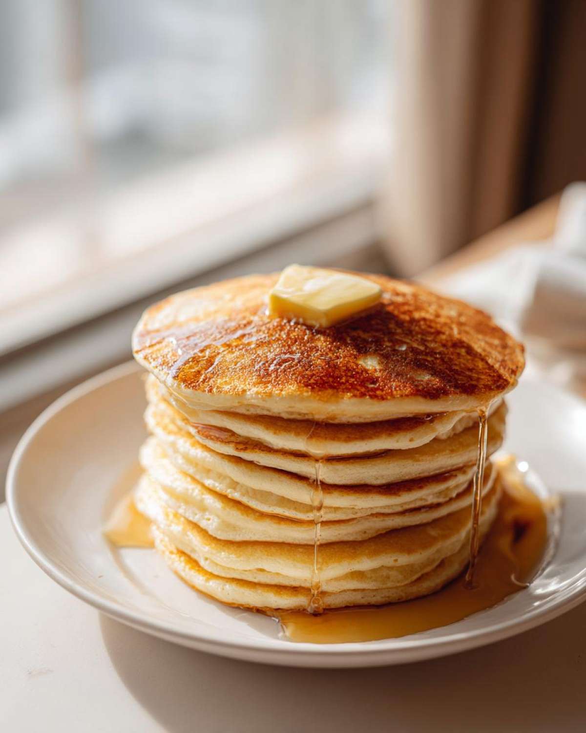A tall stack of fluffy greek yogurt pancakes topped with melting butter and drizzled with syrup.