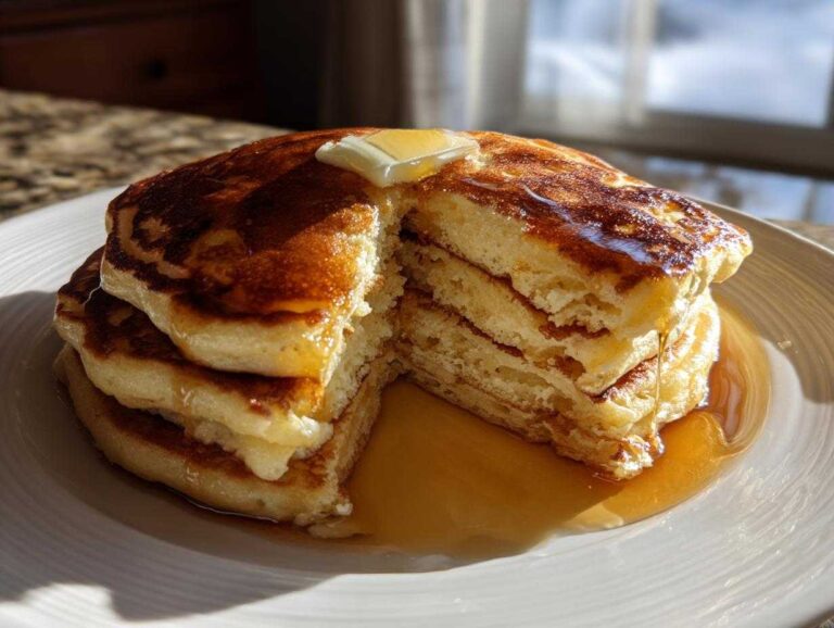 A tall stack of fluffy greek yogurt pancakes, cut open to show the texture, topped with melting butter and syrup.